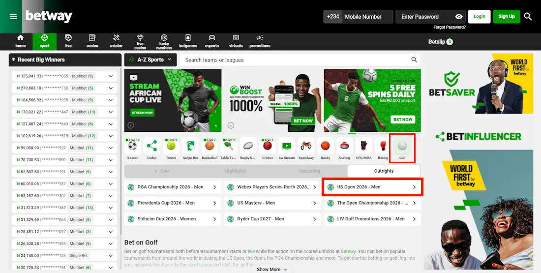 Betway Sportsbook and Golf Betting Screenshot
